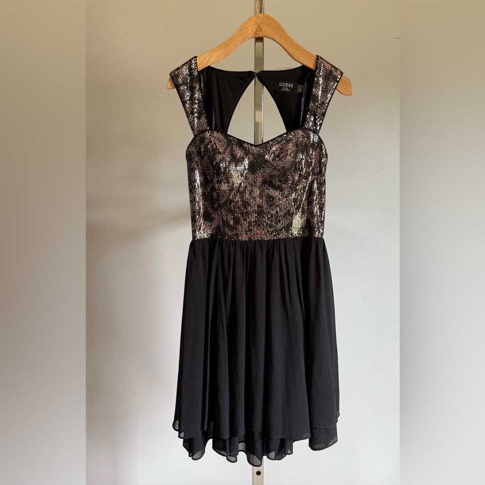 Guess Black Gold Sequin Chiffon Cutout Back Dress 0
